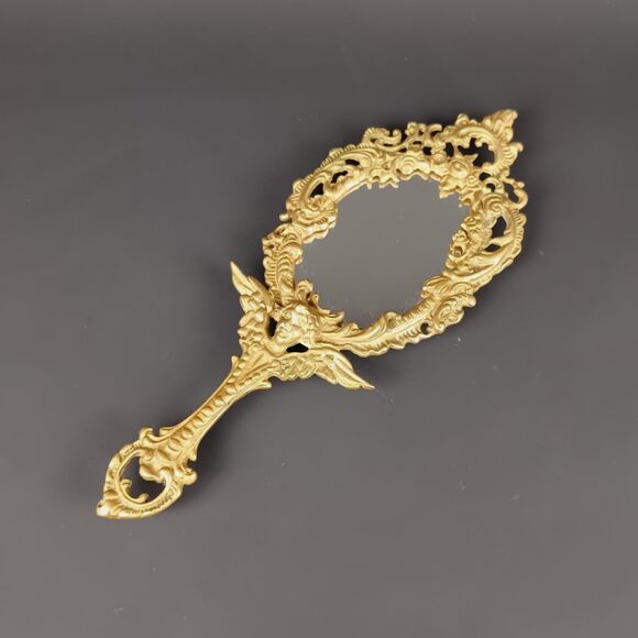 Victorian Cherub Hand Mirror With 4 Feet Highly Ornate Vintage Solid Brass - Picture 2 of 10